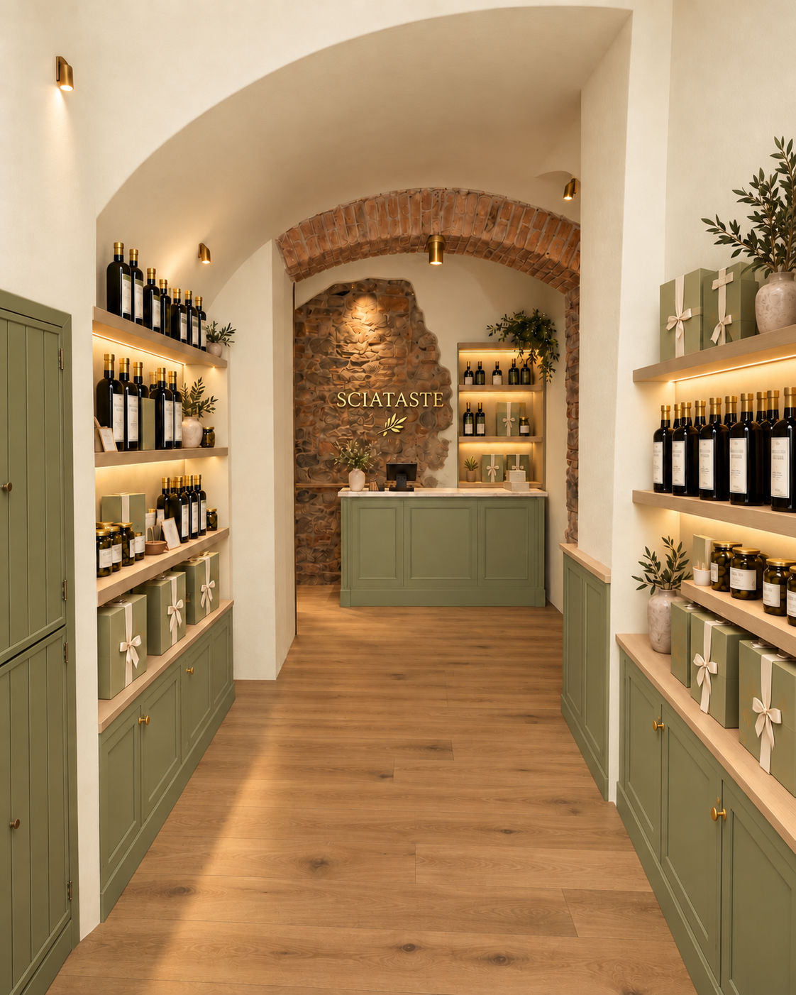 Progetto degli interni della boutique SCIATASTE, tra verde salvia, rovere e pietra
